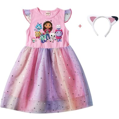 2 STuks Prinsessenjurken voor Baby Meisjes + Hoofdband Cartoon Gabby Katten voor Kinderkleding Cosplay Kostuum Kinderen Vliegende Mouw Casual Jurk 3T(100) pink