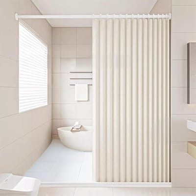 Famanu – Douchegordijn magnetisch 100 x 200 cm – opvouwbaar waterdicht polyester + haken (beige)