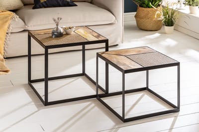 massief mangohout set van 2 salontafels 50 cm met vlechtwerk