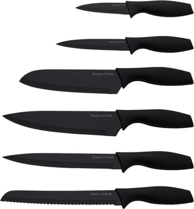 House of Husk 6 Delige Messenset Zwart - Keukenmessen Set Met Mesbeschermer - Koksmes - Chef Mes - Complete Set Zwart