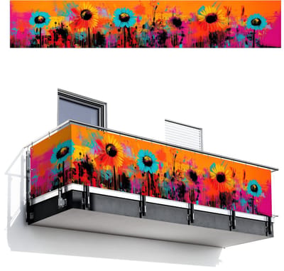 Balkonscherm 500x85 cm - Balkonposter Zonnebloemen - Abstract - Oranje - Balkon scherm decoratie - Balkonschermen - Balkondoek zonnescherm