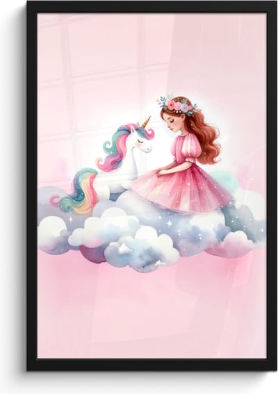 Poster in lijst - Fotolijst 40x60 cm - Posters - Eenhoorn - Prinses - Unicorn - Roze - Wolken - Posterlijst zwart - Kamer decoratie - Wanddecoratie kinderkamer - Muurdecoratie babykamer