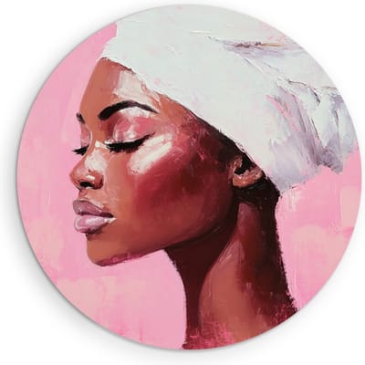 Saammp - Muurcirkel Hout - Afrikaanse vrouw met witte tulband - Abstract - Ø 90 - Wandcirkel - Wanddecoratie Cirkel - Muurdecoratie Woonkamer - Slaapkamer decoratie - Rond Schilderij
