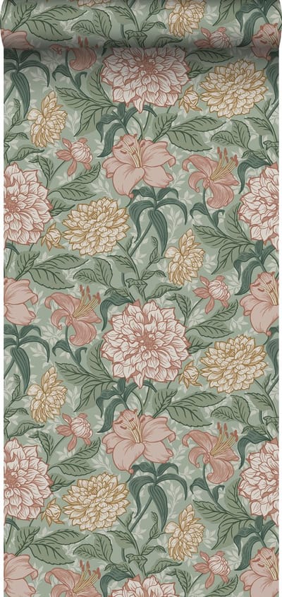 ESTAhome behang vintage bloemen groen en oudroze - 53 cm x 10.05 m - 139378