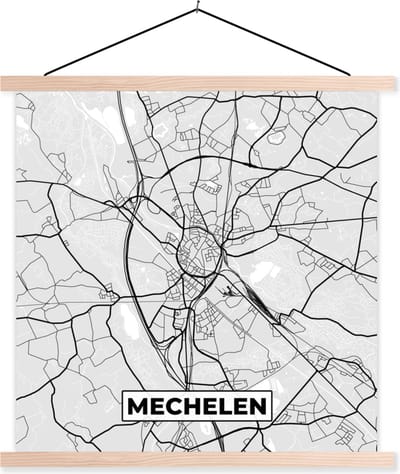 Posterhanger incl. Poster 40x40 cm - Schoolplaat - Stadskaart – Plattegrond – België – Zwart Wit – Mechelen – Kaart - Textielposter - Blanke latten - Stadskaart