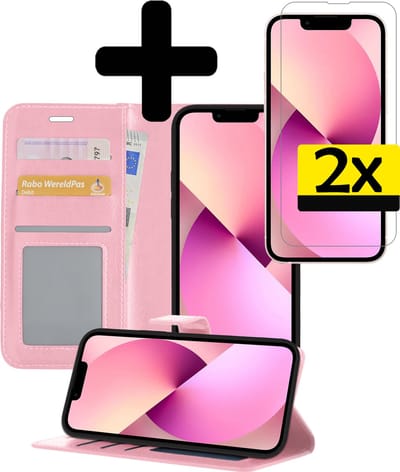 Hoesje - Met 2x Screenprotector - Geschikt voor Apple iPhone 14 - Luxe Pasjeshouder - Bookcase Portemonee - Flip Case - Kunstleer Book Case - Flipcase Hoes - Book Cover - Walletcase - Portemonneehoes - Telefoonhoesjes - Lichtroze
