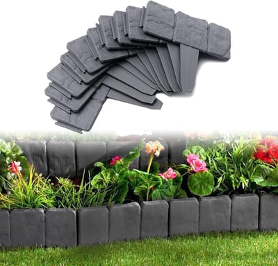 10 Stuks T-vormige Kunststof Gazonranden, elk 25x23cm, Bloembedranden met Steenlook, PP-afrastering Borderrand voor Tuin [totale lengte 2,5m, Antraciet] , NAIZY