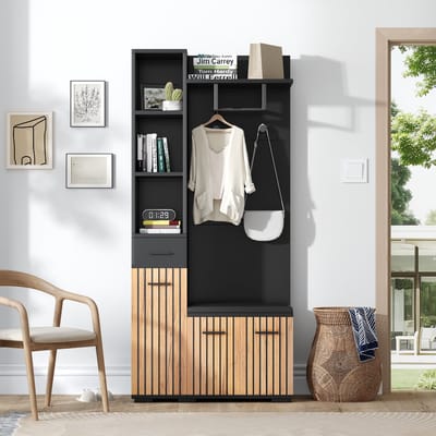 MODFU - Halgarderobe - 7-In-1 Opbergruimte - Met Schoenbank - Modern - Hal - Spaanplaat - Zwart En Naturel - 80 X 35 X 175 Cm
