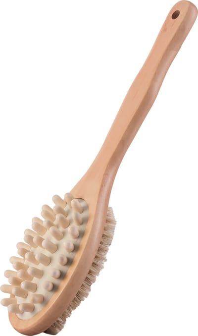 MSV Bad/douche scrub massage borstel - hout - 32 cm - 2-in-1 - hard/zacht