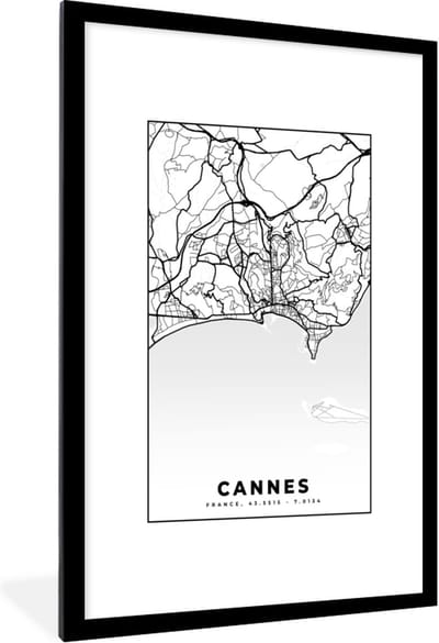 Fotolijst incl. Poster Zwart Wit- Kaart - Plattegrond - Cannes - Frankrijk - Stadskaart - Zwart wit - 80x120 cm - Posterlijst