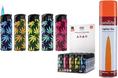 50 stuks Turbo aanstekers aanstekers - navulbaar - JetFlame - Cannabis print - verstelbaar + 1 Gasfles