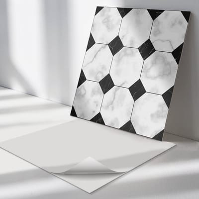 Wallfluent Vinyl Tegels - Geometrische tegelpatronen Vinyl Vloer Tegels - 30 cm x 30 cm - Zwart en wit PVC Tegels - Set van 9 - Vierkant PVC Tegels - Texturen Plaktegels - Zelfklevende Vinyl Tegels - Plaktegels Keuken en Badkamer