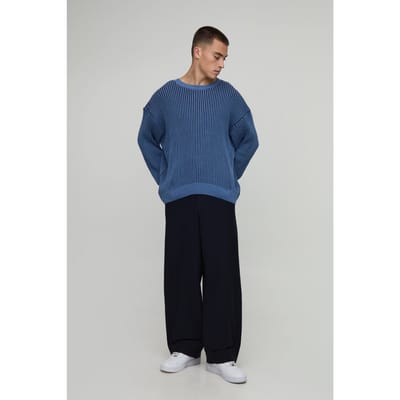 Heren Relaxte Boxy Geribbelde Gebreide Trui | Navy | Size XS