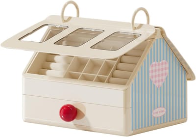 Sieradendoos, schattige multifunctionele sieradendoos in de vorm van een huisje met lades – geschikt voor kinderen, dochters en vrienden, ideaal voor het opbergen van armbanden en kettingen (inclusief 15 doorzichtige stofvrije zakjes)