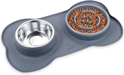 pecute Hondenkommen 3 in 1 Langzame Eetbare Hondenkommen Antislip Roestvrijstalen Dubbele Kommen Set met Anti-lek Siliconen Mattenbakje voor Katten Puppy's Kleine Honden Watervoeding Voeren (L, Grijs)