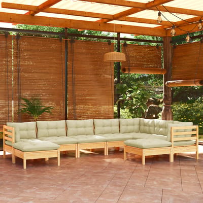 vidaXL - 9-delige - Loungeset - met - crèmekleurige - kussens - massief - grenenhout