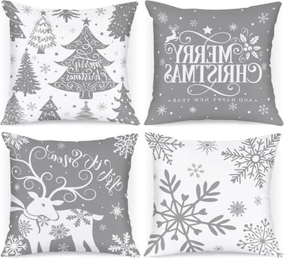 EGoods - Kerst Kussenslopen Set van 4, Cartoon Herten Sneeuwvlok Winter Decoratieve Vakantie Kussensloop 50x50 Grijs - Voor Indoor Huis Sofa Bank Xmas Decoratie