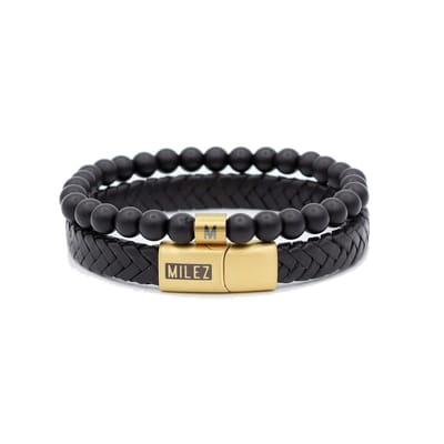 Milez - Armband set dames - armband dames leer kralen - Zwart-Goud - Maat S