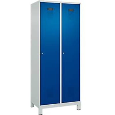 C+P Evolo Plus garderobekast, 2 vakken, 400 mm vakbreedte, met poten, rechts scharnierend, soft-close, inbraakwerend, B 800 x D 500 x H 1950 mm, cilinderslot, lichtgrijs RAL 7035/ gentiaanblauw RAL 5010