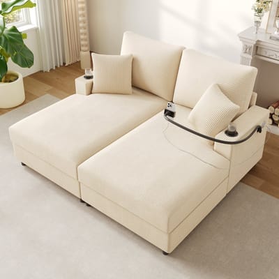 Tweepersoons Slaapbank met Slaapfunctie, -Beige, Gewatteerd Ligvlak, Telefoonhouder, USB-poort en Bekerhouder, Geschikt voor Woonkamer, Slaapkamer of Thuisbioscoop