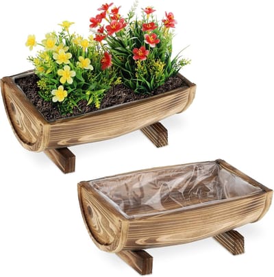 Famanu – Bloempot hout set van 2 rechthoekig met binnenfolie 12,5 x 29,5 x 20 cm bruin