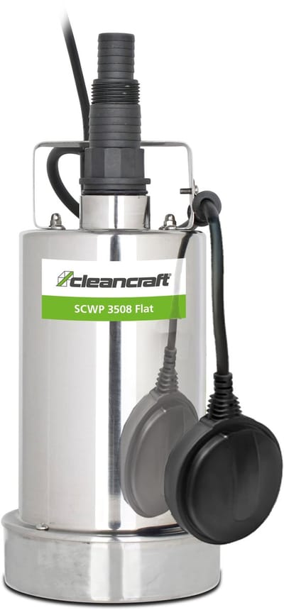 Dompelpomp roestvrij stalen behuizing voor helder water tot 1 mm restniveau capaciteit 7500 l/h opvoerhoogte 8 m 0,35 kW 230 V Cleancraft SCWP 3508 FLAT