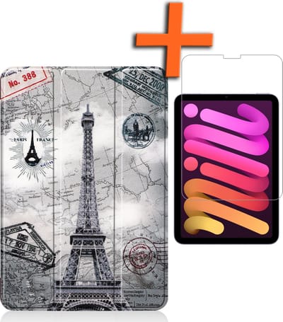 Hoesje - Geschikt voor Apple iPad Mini 6 (2021) - 8.3 inch - 6e Generatie - Met Screenprotector - Trifold Bookcase - Hard Cover - Hardcover Book Case - Tablet Hoes - Eiffeltoren