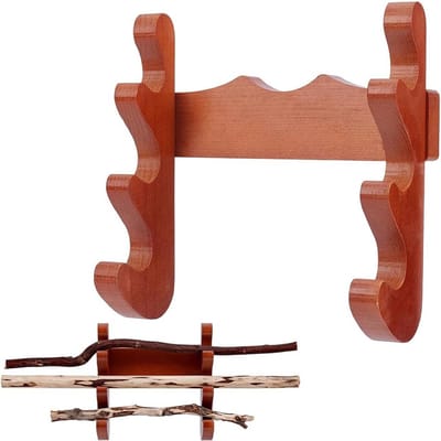Houten Wandhouder voor Stokken, 18 x 8 x 18 cm, Drie-traps Standaard voor Wanddecoratie, Thuis en Kantoor, Bruin