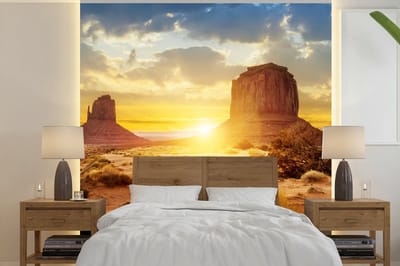 Behang - Fotobehang Zonsondergang - Rots - Landschap - Horizon - Breedte 300 cm x hoogte 300 cm