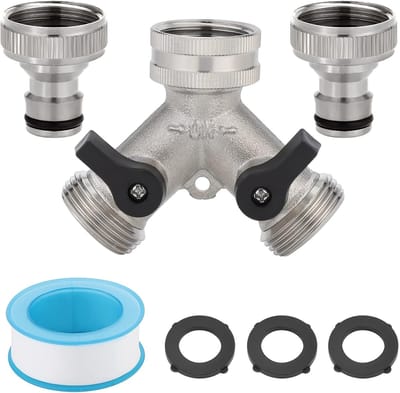 Wasmachinekraan met dubbele sproeikop, 3/4-inch tweeweg Y-vormige omsteller en 2 slangkoppelingen.