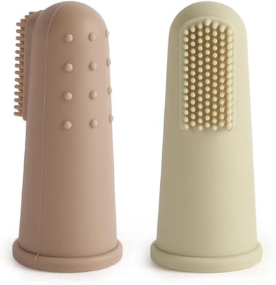 Zachte Siliconen Vinger Tandenborstel voor Baby's, Tandverzorging en Tandvleesmassage voor Teething 6-18 Maanden - Roze Geel