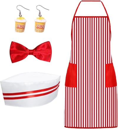 Retro Popcorn Kostuum voor Carnaval, Cosplay of Feest - Rood Witte Gestreepte Schort, Hoed, Strik en Popcorn Oorbellen