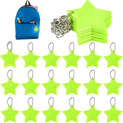 Ynkkvre -Reflecterende hangers voor kinderen - Set van 24 Stervormige Kinderreflectoren – Fluorescerend Geel – Hoogwaardige PVC Reflectors voor Rugzak, Kleding, Huisdieren – Extra Veiligheid en Zichtbaarheid in het Donker