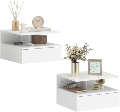 HomeGoodies - Zwevende nachtkastjes - Hangende nachtkastjes - Set van 2 - Met schuiflade, open vak, dienblad - Wit