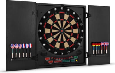 oneConcept - Dartmaster 180 Dartautomaat, Elektronisch dartbord, E-Darts, Dartbord voor tot 8 spelers, virtuele tegenstander, LED-displays, 12 pijltjes, zwart met patroon