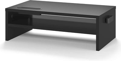Famanu – Houten bureaustandaard met dubbele laag, kabelbeheer en telefoonhouder, monitorverhoger voor laptop of monitor, zwart
