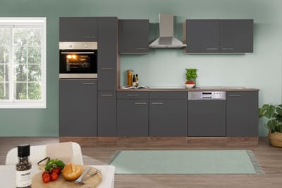 Goedkope keuken 310  cm - complete keuken met apparatuur Oliver  - Donker eiken/Grijs   - keramische kookplaat - vaatwasser - afzuigkap - oven    - spoelbak