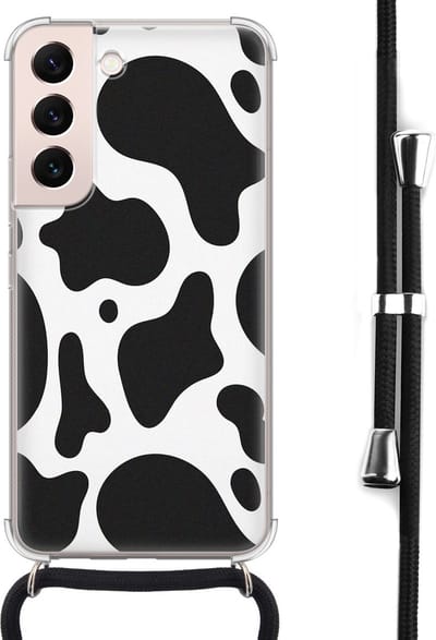Hoesje met koord - Geschikt voor Samsung Galaxy S22 - Koeienprint - Verstelbaar zwart koord - Crossbody - Print / Illustratie - Zwart, Transparant, Wit - Leuke Telefoonhoesjes