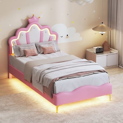 Kinderbed 90x200 cm, met LED-verlichting, prinsessenbed, kroonbed, meisjesbed/kinderbed/eenpersoonsbed, plat bed, PU, ​​roze
