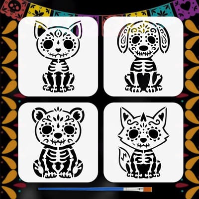 4 Stijlen Suiker Skull Dier Stencils met Kwast 15x15cm voor Katten, Honden en Beren - Sjablonen voor Schilderen op Hout en Creatieve Projecten met Dag van de Doden Motieven