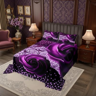 Flowers Sprei 170 x 210 cm, paars romantische bloemenknopset voor kinderen meisjes slaapkamer decoratie, glanzende pailletten kristal decoratieve microvezel gewatteerd met 1 kussensloop, 2 stuks