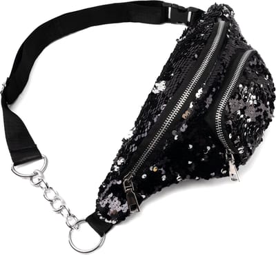 KIMU® Heuptas Rond Voorvak Pailletten Zwart Zilver Met Ketting Heuptasje Sequin Tas Mermaid Zeemeermin Tasje Glitter Festival