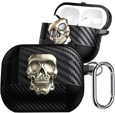 3D Angst Skull Carbon Fiber Beschermhoes voor AirPods 4 - Schokbestendig met Draaibaar Slot en Karabijnhaak
