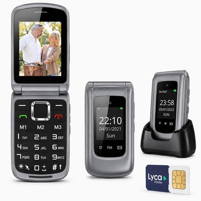 Yarvu ® - Flip 1 - Senioren Telefoon - 4G GSM + Simkaart Geleverd + Oplaadstation - Dual Sim - Grijs - Dual Scherm - Big Button Mobiele Telefoon - Grote Toetsen & Cijfers - SOS Knop - Mobiel - Ouderen