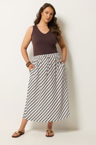 Yours Chocoladebruine Gestreepte Linnenlook Rok Size 42