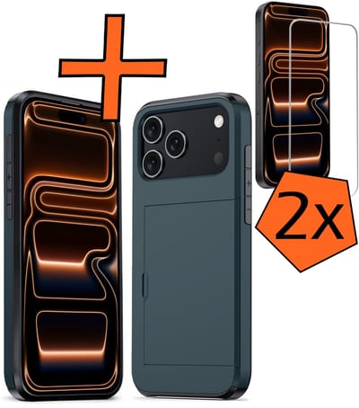 Hoesje Geschikt voor iPhone 17 Pro Hoesje Pasjeshouder Shockproof Hard Case Met 2x Screenprotector - Hoesje Geschikt voor iPhone 17 Pro Hoes Met Kaarthouder - Donkerblauw