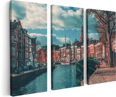 Artaza Canvas Schilderij Drieluik Gracht in Groningen - 120x80 cm - Wanddecoratie Woonkamer - Schilderijen - Muurdecoratie