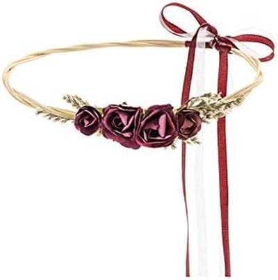 Bloemenkrans - Bloemen haarband - Bruiloft decoratie - Met stoffen rozen - Diameter 18 cm - Bordeaux rood