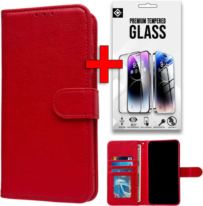 Casemania Hoesje & Glas Geschikt voor Apple iPhone 16e - Rood - Luxe Portemonnee Book Case - Glazen Screenprotector