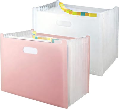 Set van 2 A4 documentmappen met 13 vakken, uitbreidbare sorteerfolder met kleurrijke tabs in lichtroze en wit, ideaal voor organisatie en archivering